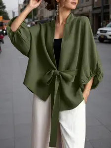 Women's Casual Cardigan Jacket, Bow Tie Front Lantern Sleeves Design, 3/4 Sleeve Fitted H-Type, Perfect for Daily Commute and Travel, Womenswear, Clothes