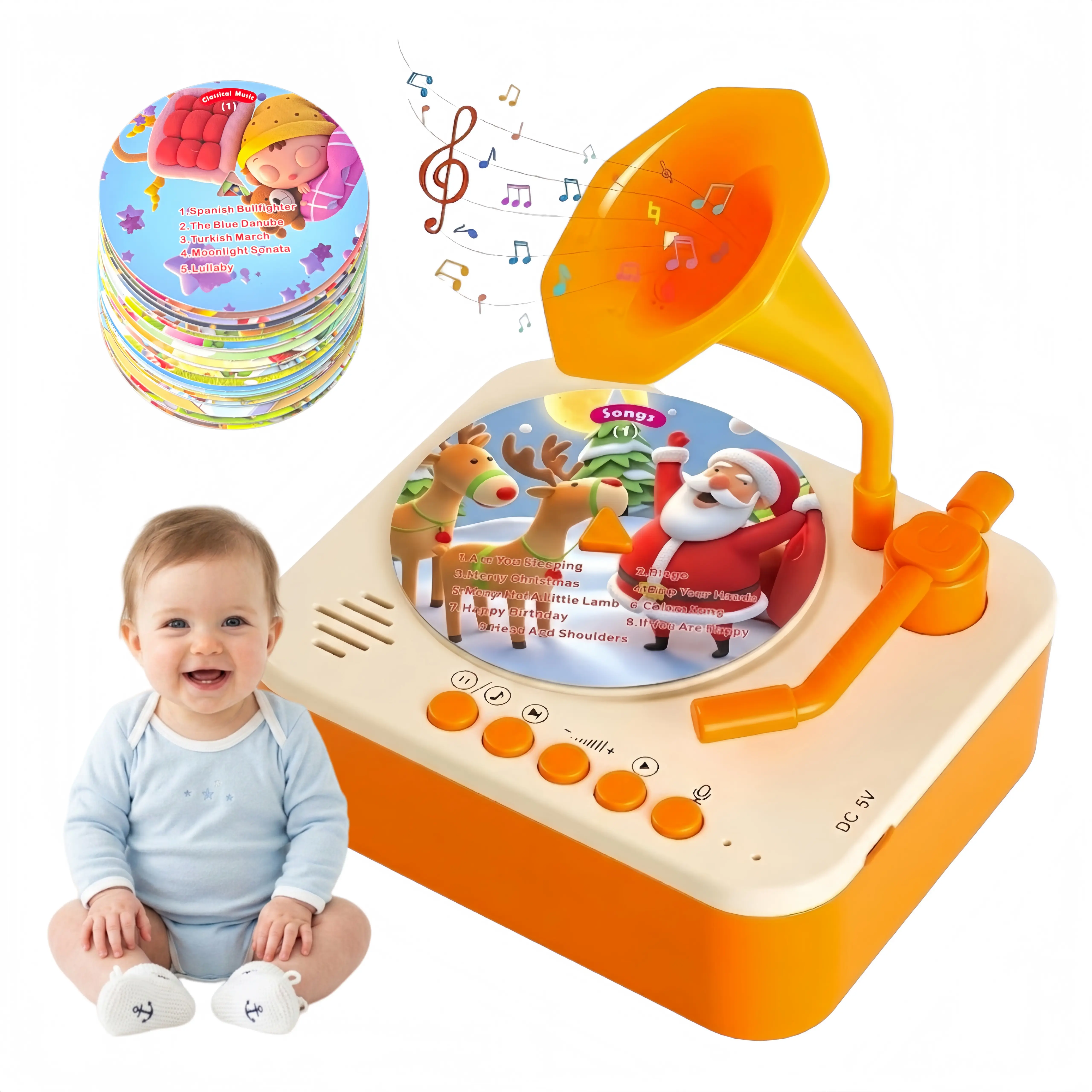 Retro Horn Kids' Gramophone Record Player Toy - Rechargeable Battery, Recording Function, DIY Custom Blank Discs, Safe ABS Plastic, Storytelling Fun Educational Early Learning Interactive Audio Gift for Ages 2+ Years Boys & Girls, Retro Horn Look