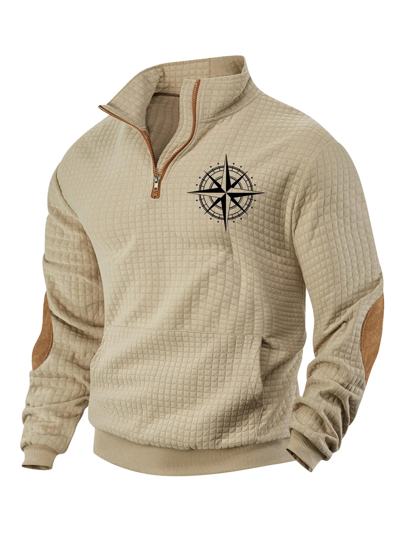 Men's compass solid color waffle weave hoodie, Graphic Print Hoodie, quarter zip, long sleeve stand collar pullover, nautical compass print, holiday wear, polyester fiber material, street style casual, suitable for spring, autumn and winter