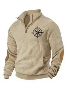 Men's compass solid color waffle weave hoodie, quarter zip, long sleeve stand collar pullover, nautical compass print, winter hoodie, holiday wear, polyester fiber material, street style casual outfit, suitable for spring, autumn and winter seasons.