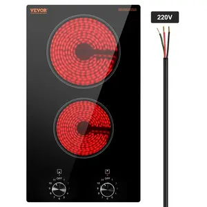 VEVOR Electric Cooktop, TikTokShopBlackFriday, 12 inch 2 Burners Built-in Electric Stove Top, 3000W Ceramic Top Radiant Cooktop, with Glass Panel, Knob Control, 11 Heat Levels, 220-240V, Hard Wire (No Plug)