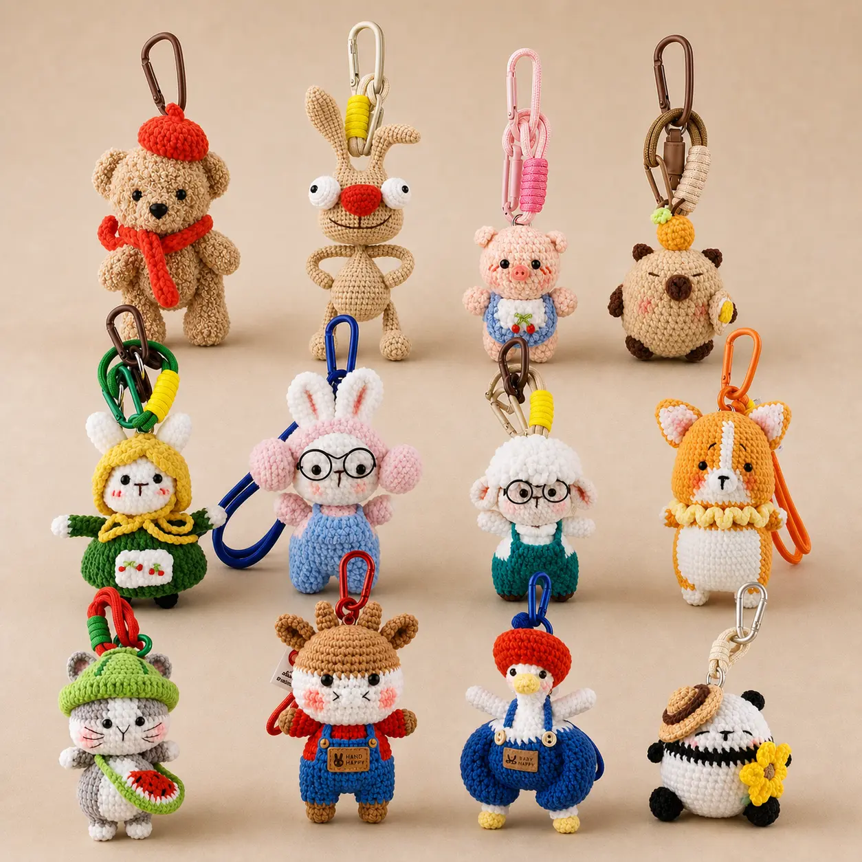 Huggli Handmade Amigurumi Crochet Animal Keychain - Sturdy Nylon Carabiner Clip, Lightweight Nylon Wrist Strap, 2.8in Wide 3.5in Tall Cozy Stuffed Toy Bag Charm, Unisex Everyday Animal Gift