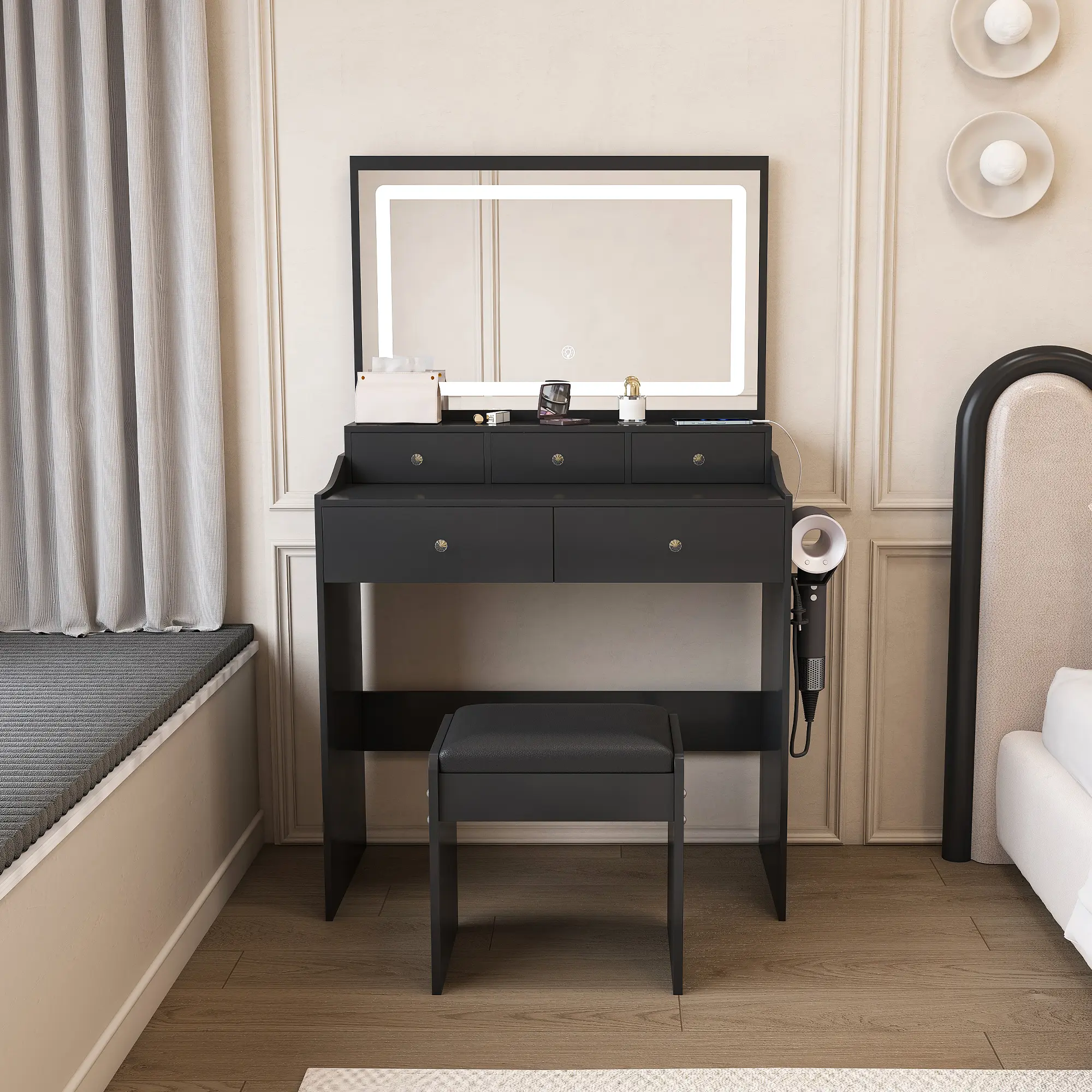 Black Wood LED Vanity Makeup Desk Set - 30.3in x 19.3in Large Adjustable Mirror, Built-in Outlet, 5 Drawers, Hair Dryer Holder, 3 Color LED Lights, Sturdy Modern Indoor Furniture for Glam Polished Beauty Routine