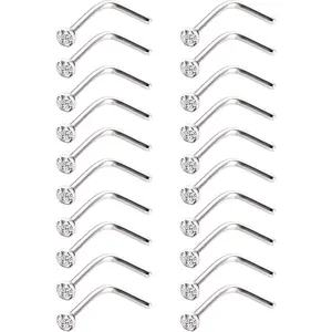 20 Pieces Curved Nose Stud Stainless Steel Nose Ring Crystals L Bend Nose Screw Jewelry, 20 Gauge