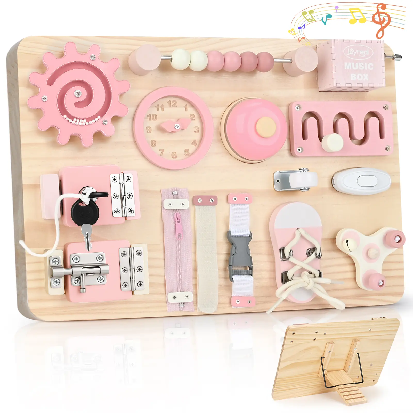 JOYREAL Montessori Large Busy Board with Stand for Fine Motor Skills Wooden Fidget Activity Board for Toddlers Gifts for Boys Girls  40.5x28.4x6.6cm，#SummerVibes