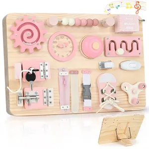 JOYREAL Montessori Large Busy Board with Stand for Fine Motor Skills Wooden Fidget Activity Board for Toddlers Gifts for Boys Girls  40.5x28.4x6.6cm，#SummerVibes