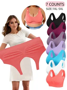 1XL-5XL,Women's Plus Size Wireless Seamless Bra Set, Breathable Hollow Back Crop Top, Wide Strap Basic Bra,All Seasons, Casual Style