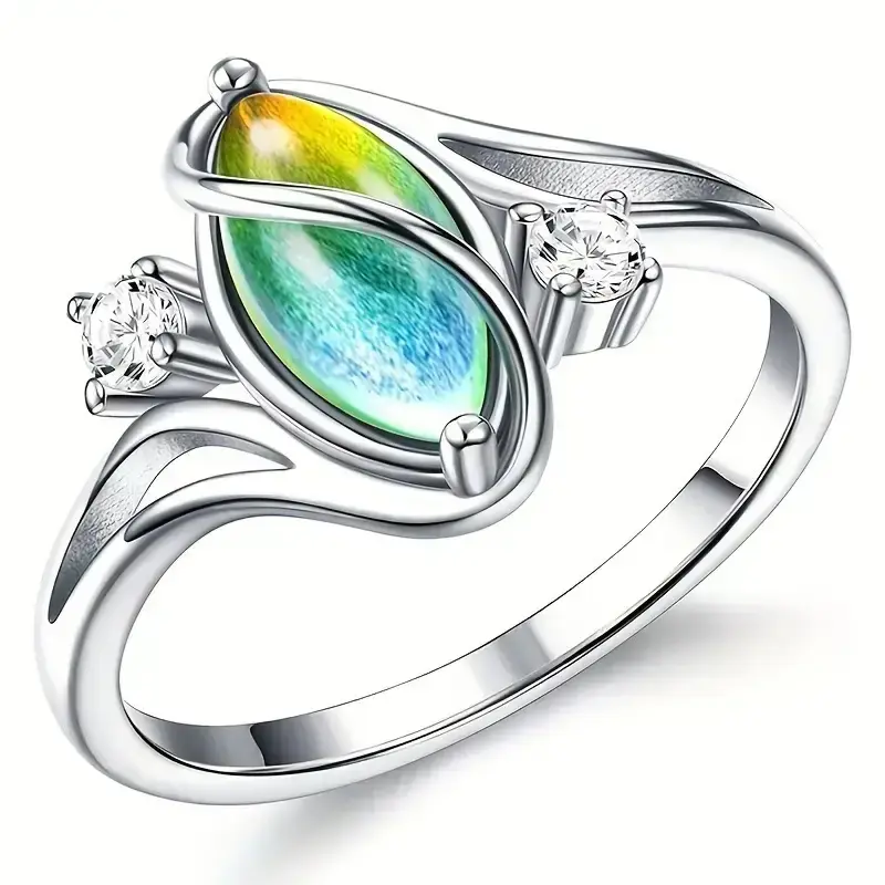 Veliora Gift B Exquisite Mood Ring for Women, Vintage Handmade Moonstone Victorian Oval Solitaire Ring, Color-Changing Mood Ring, Trendy Women's Jewelry Accessory Adjustable Heart Rate Couples Bracelet Set y2k