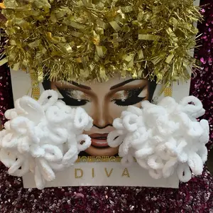 Diva Handmade Yarn Fluffy Earrings Gold Tinsel & White Fluffy Design Pierced Puff Balls & Loop Statement Accessories