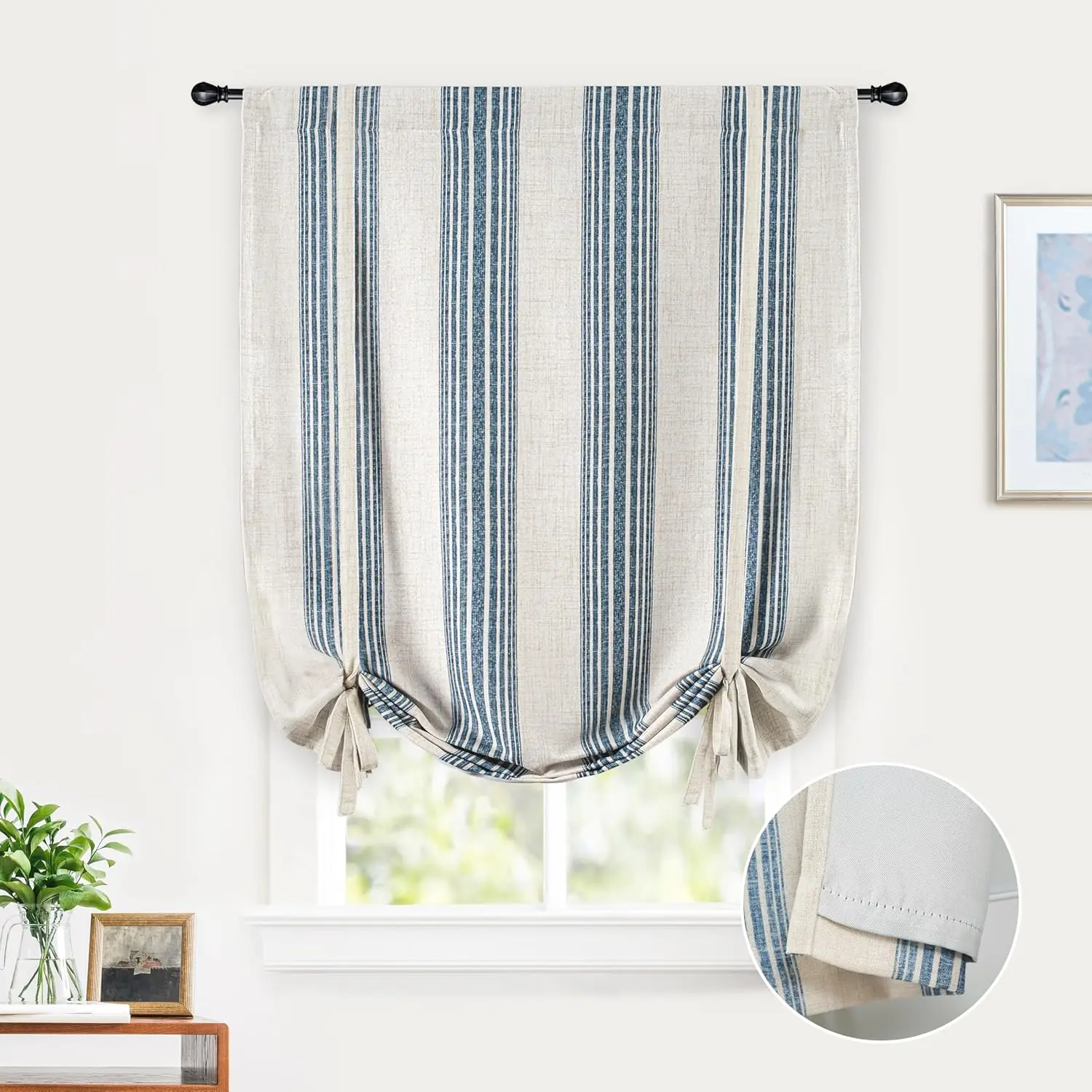 Chris Double Layer Linen Curtains - Synthetic, Durable, Energy-Saving, Thermal Insul., Fully Lined, Vertical Stripes Balloon Roman Shade, Adjustable Rod Pocket, Machine Washable, 31in for Bathroom/Bedroom Windows (Jean Navy) Holiday Decor