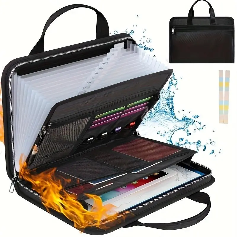 Fireproof Foldable File Folder with Handle, 13 Transparent Pockets, Zipper and Labels, Expandable Multi-Pocket Document Organizer Folio, Files Organizer, Office Supplies, Storage