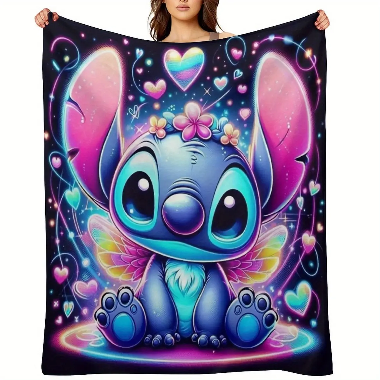 [SummerVibes] DISNEY CLASSIC Stitch Flannel Blanket - Soft Sofa Throw Room Decor Warm Blanket, Cartoon Design Perfect for Sofa Bed, Office Or Travel - Perfect Gift for All Seasons