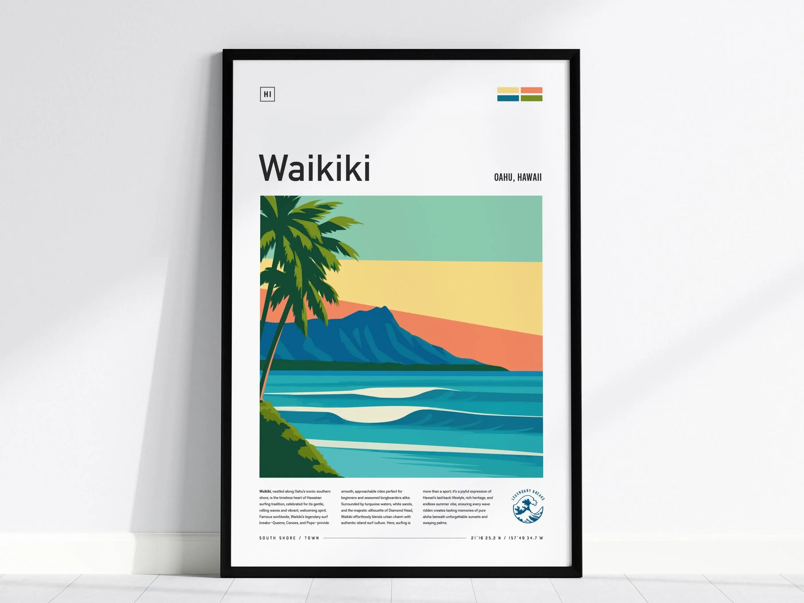 Waikiki Poster | Hawaii Surfer Art | Honolulu Oahu Diamond Head