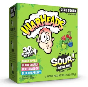 Warheads Singles To Go Sour Drink Mix, 30 Sticks, Variety Pack (Green Apple, Black Cherry, Watermelon, Blue Raspberry), Zero Sugar, Low Calorie