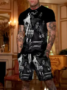 Men's Casual Skull and Poker Card Pattern Print T-Shirt Set, Comfortable Daily Wear, Fashion Trendy Design, Perfect Gift Choice