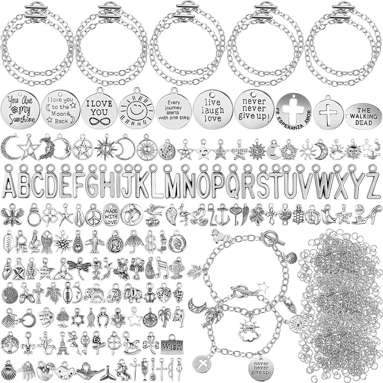 Summer Gift 469 Pcs Silver Charm Bracelet Making Kit DIY Bangles Bracelet Set Paperclip Chain Bracelets Alphabet Charms Jewelry Making Supplies with OT Toggle Clasp for Crafting