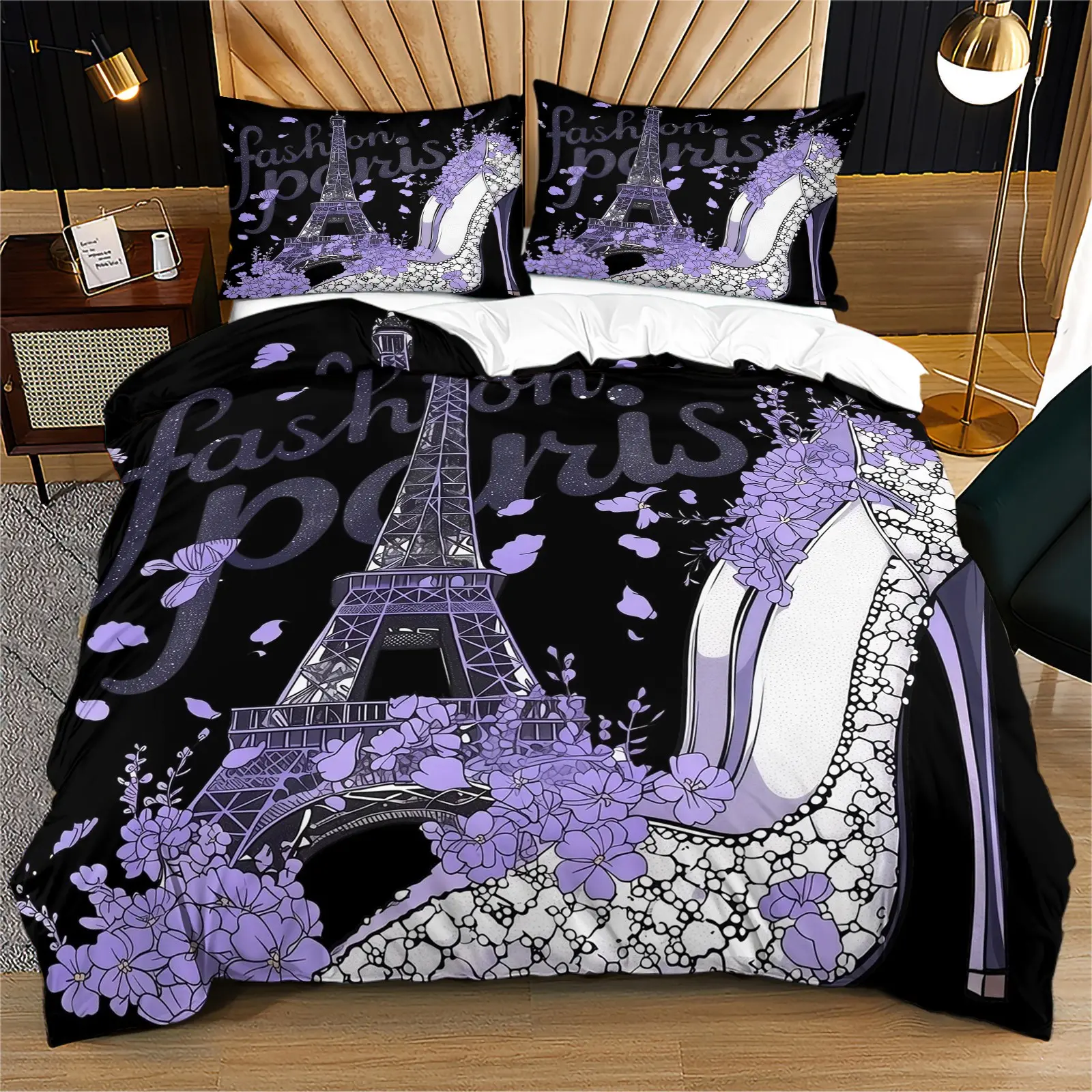 Eiffel Tower high-heeled shoe print pattern duvet cover set, including 1 duvet cover and 1 or 2 pillowcases, without a core or pillow core, suitable for bedroom or dormitory bedding set, suitable for gift giving or personal use