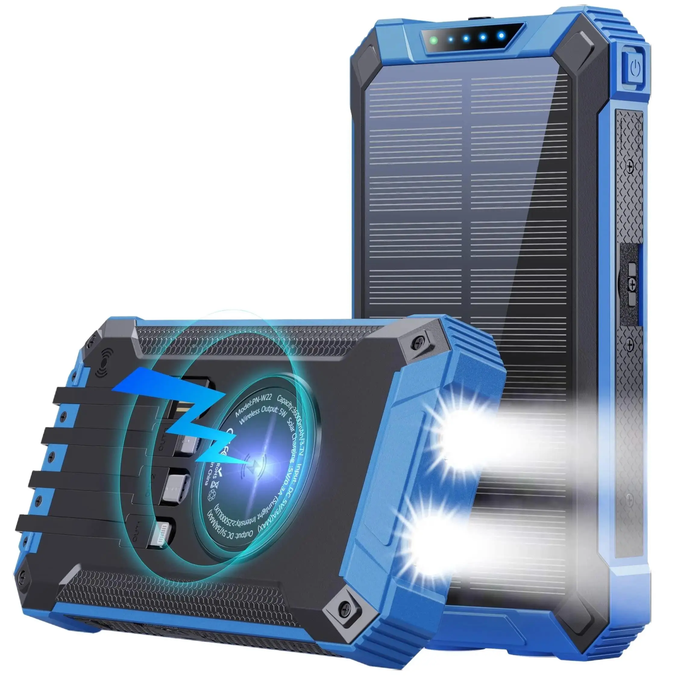 W22BLU Power Bank Wireless Charger 36000mAh Built in 4 Cables Six Outputs 15W Fast Charging Power Bank for All Mobile Devices Three Inputs Solar Portable Charger with Dual Flashlights, Carabiner