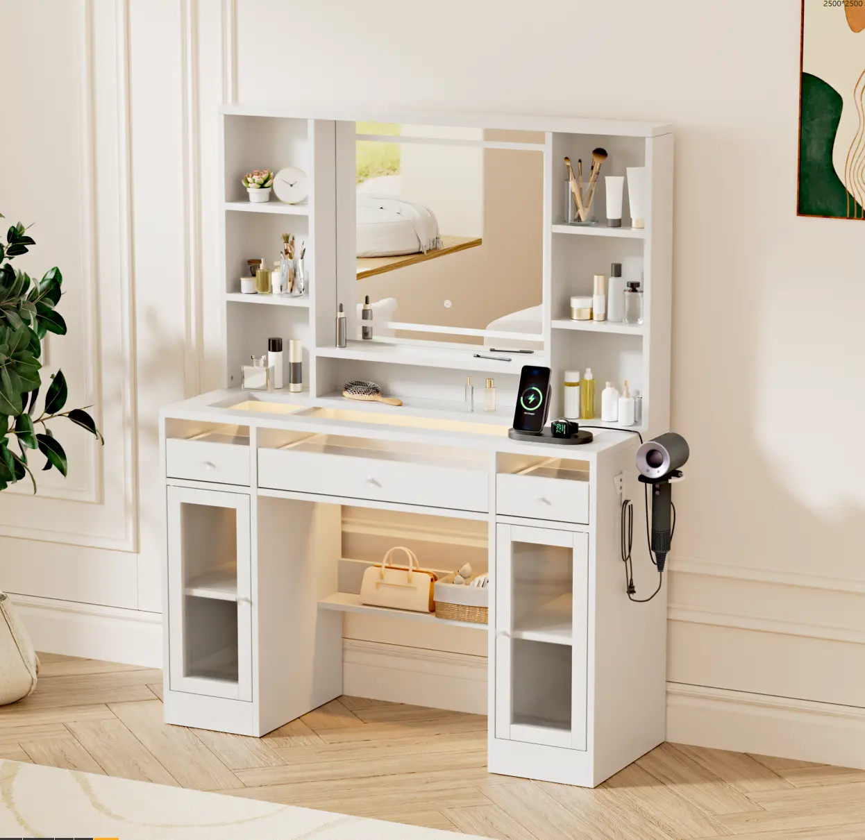 [backtoschool] WeCharmer Vanity Table Set with LED Mirror - Modern Minimalist Adjustable Self-Contained Drawer-Style Bedroom Furniture, Stylish Makeup Vanity with Integrated Storage, Ideal for Room Decor, Women's Gifts, Stylish Makeup Vanities