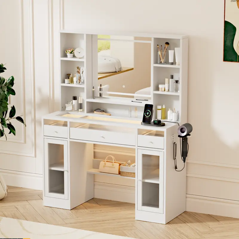 【Fall Deals For You】 WeCharmer Vanity Table Set with LED Mirror - Modern Minimalist Adjustable Self-Contained Drawer-Style Bedroom Furniture, Stylish Makeup Vanity with Integrated Storage, Ideal for Room Decor, Women's Gifts, Stylish Makeup Vanities