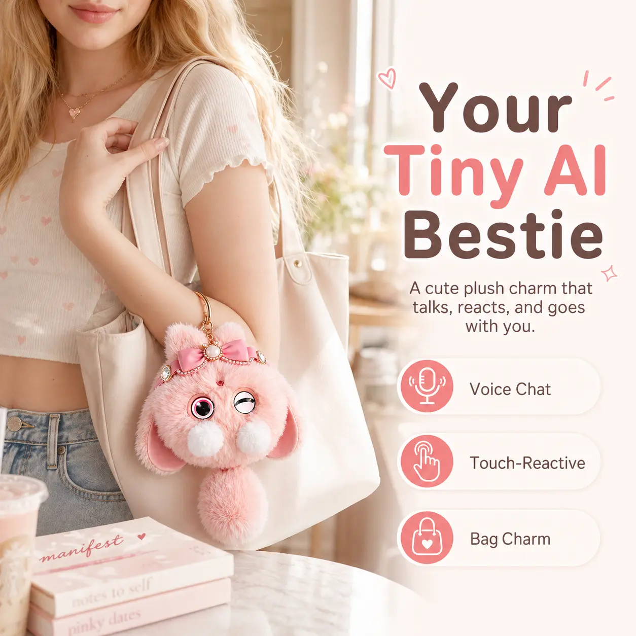 OKIVIVI Cute AI Plush Toy, Interactive Talking Stuffed Animal Bag Charm with Voice Chat & Touch-Reactive Feedback, AI Companion Pet Gift for Teen Girls, Women & Adults, Supports English & Spanish