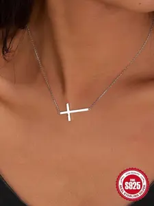 925 Sterling Silver Simple Cross Pendant Necklace for Women, Zircon Decor Necklace, Fashion Jewelry Accessories for Women As Gift