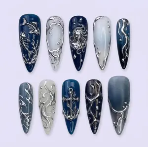Handmade Gothic Ocean Press On Nails, 3D Chrome Mermaid Nail Set, Anchor & Fish Bone Art, Almond Nails With Dark Sea Vibes