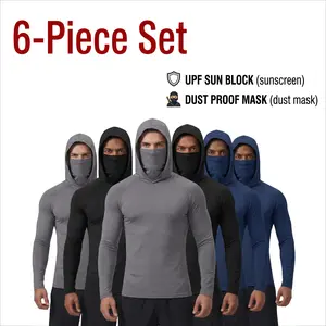 6-piece set men's outdoor work sun protection clothing with sun-blocking hoodie, featuring built-in face mask and neck guard, breathable long-sleeve hoodie