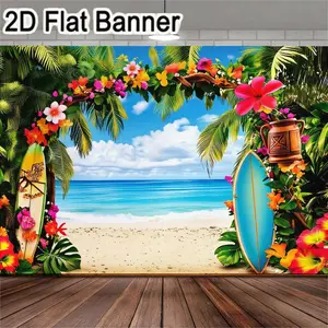 2D flat banner, 1pc Vibrant tropical beach scene backdrop, Wedding party backdrop, perfect for summer party decorations, photography props, home decor. Features sandy shore, palm trees, and colorful floral arch. Multiple sizes availabl