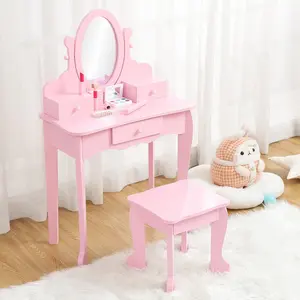 GARVEE Kids Vanity Desk Table - MDF Wood Dress-Up Playset for Ages 4-9 Girls, Pink Makeup Table with Adjustable Mirror, Round Edges, Stool, Instructions, Ideal Indoor Role-Playing Furniture