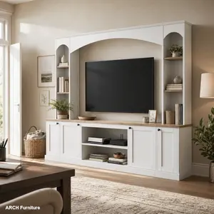 91-in Arched Silhouette Farmhouse TV Stand - Elegant Wood Grain Entertainment Center Wall Unit with Bookshelf, Adjustable Shelves, Living Room Media Console for TVs Up to 70", White [Assembly Video]