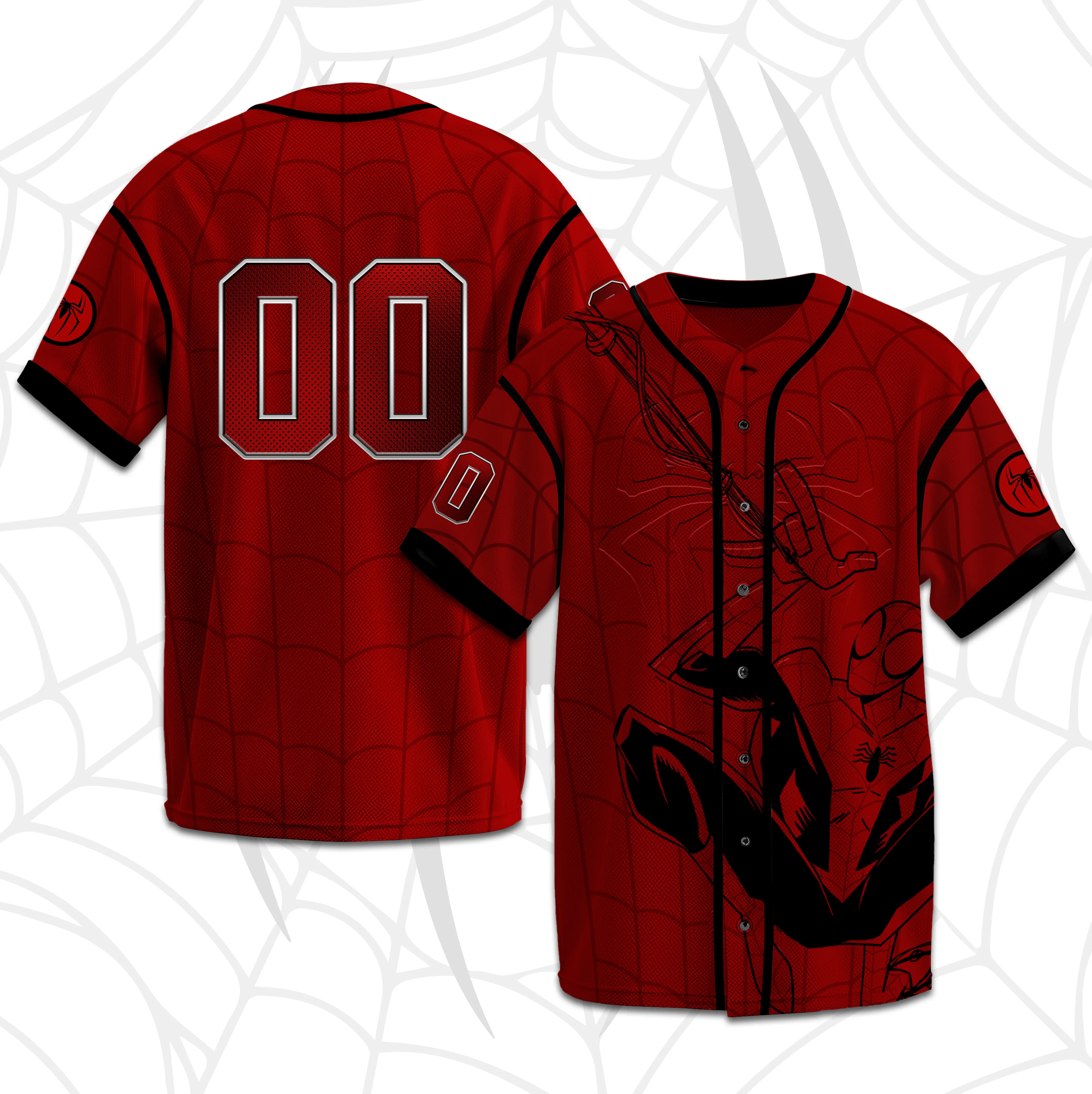 Spider Web Pattern Baseball Jersey Shirt - Red Black Superhero Graphic Button Down Top - Vintage Streetwear Sportswear Activewear T-Shirt