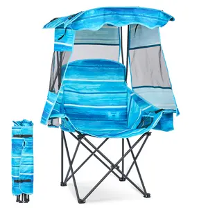 SLSY Camping Chair with Canopy, Folding Camping Chair with 3-Sided Sun Protection, Portable Outdoor Chair with Cooler Bag & Cup Holder for Beach, Camping, Sports, Fishing, Support 330 LBS