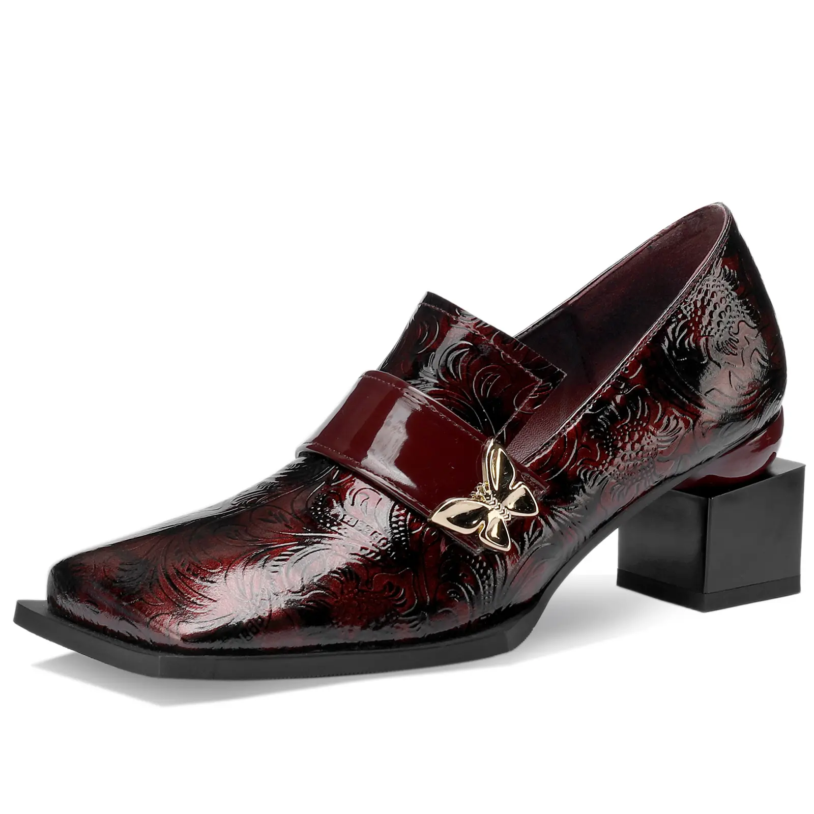 TDD Women's Patent Leather Butterfly Loafers - Square Toe, Buckle Detail, 2-in Chunky Block Heel, Slip-On, Wide Comfortable Moccasins for All Seasons, Elegant Look, Evening Wear with Crystal Accents 062, Formal Footwear, Heeled Footwear