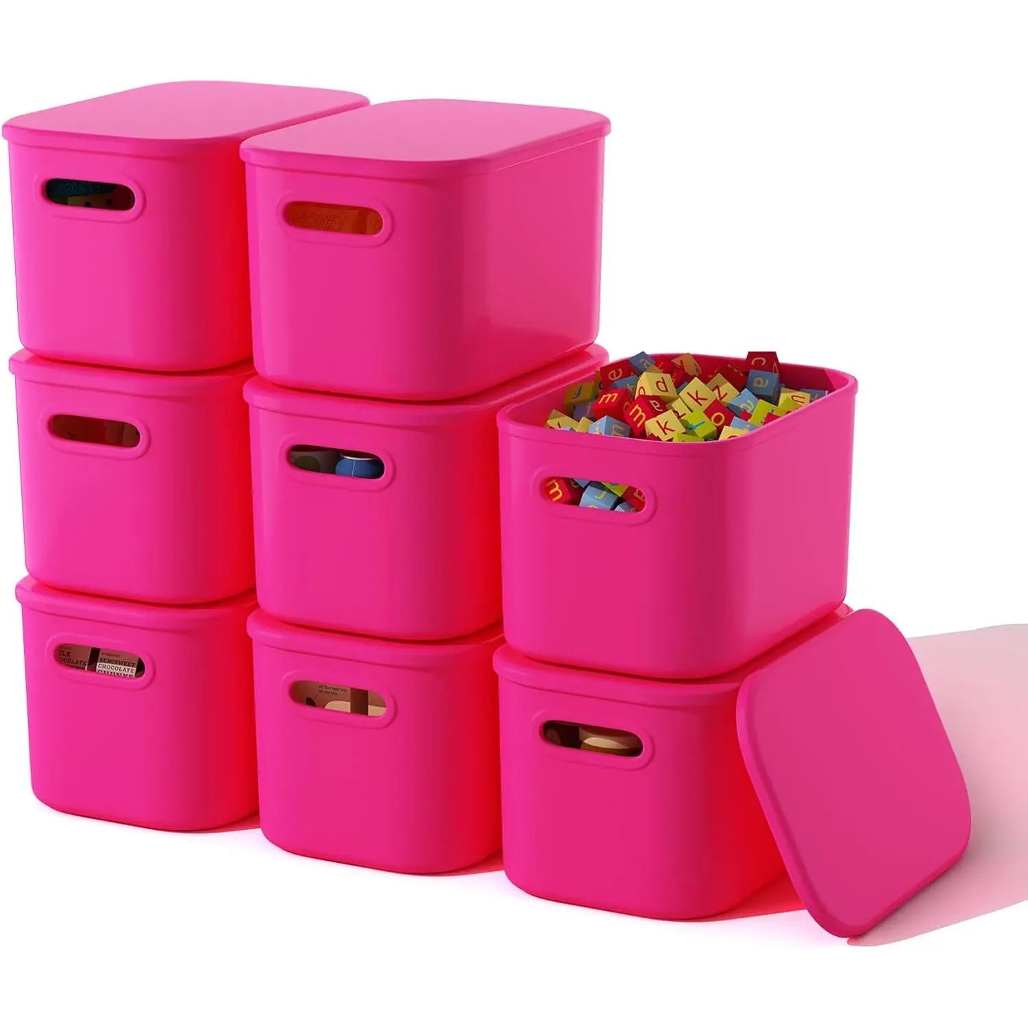 8 Pack Pink Storage Bins with Lids Stackable Storage Container for Organizing, Storage Boxes with Handle for Shelves, Cute Storage Bin for Craft, Snacks, 9.85x6.9x5.7 inch