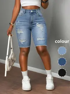 Women's Summer Denim Jeans, High Elasticity High-Waist Slim Fit Pants, Washed Blue Ripped Design, Casual Style Womenswear Bottom
