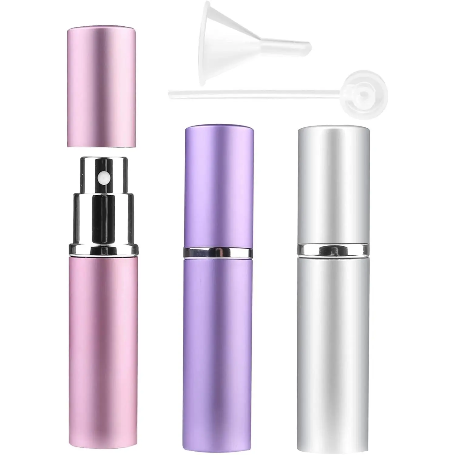 Refillable Travel Perfume Atomizer Bottles, 3 Pcs 6ml, Mini Portable Spray Bottles for Perfume Aftershave, Empty Travel Bottles with Funnel (Pink, Silver, Purple)
