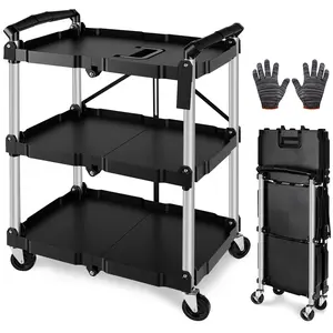 Foldable 3 Tier Utility Cart with Wheels, Heavy Duty Rolling Service Cart, No Assembly, Lockable Silent Casters, Aluminum Frame, Easy Clean Shelves, 550 lbs Capacity