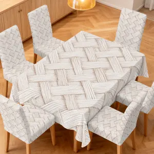 4/5/6/7pcs Woven Cream Grid Chair Cover And Tablecloth Set, Dining Chair Slipcover, Easy Install & Clean, Fits Dining Room, Picnics, Parties, Indoor Use, Stylish Decor, All Seasons & Ideal Gift