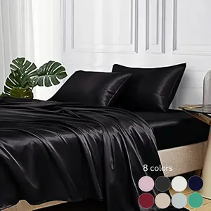 4Pcs Satin Sheet Set, Satin Bed Sheets – Smooth Satin, Includes 1 Flat Sheet+ Fitted Sheet+2 Pillowcases Deep Pocket Adjustable Fitted Sheet for Comfort Ideal for Bedrooms/Hotels Available in Twin/Full/Queen Sizes