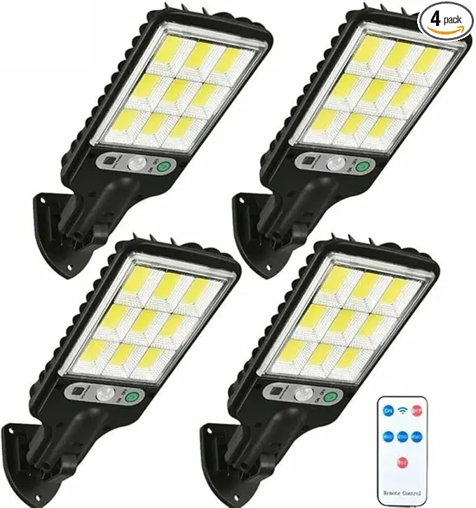 4-Pack Solar LED Street Lights, 120 High Brightness LEDs, Remote Control & IP65 Motion Sensor, 3 Adjustable Lighting Modes, Waterproof Durable Outdoor Lamp for Pathway Garage Backyard Front Yard, Perfect Home Decoration & Christmas Gift