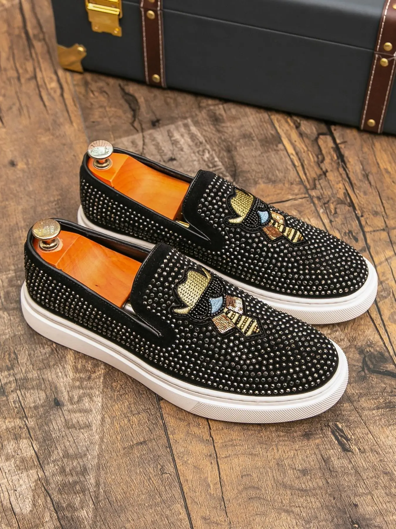 Men's Fashion Trendy Shoes, High-Quality Crystal Brick Cartoon Pattern, Daily Wear, Business Casual, Night Club, Driving, PU Leather Footwear, Flat Slip-On Affordable PU Leather Loafers, Rubber