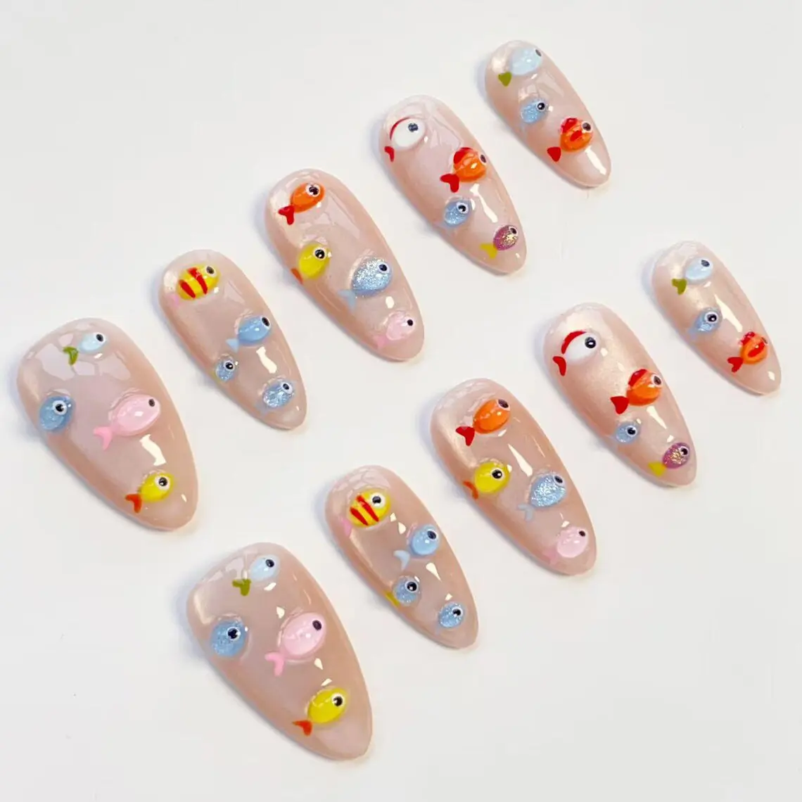 3D Colored Fish Nails/press on nails long almond nails/Cute Summer nails/Glitter cat eye nails/Holiday nails/Koi Nails/Custom Nail