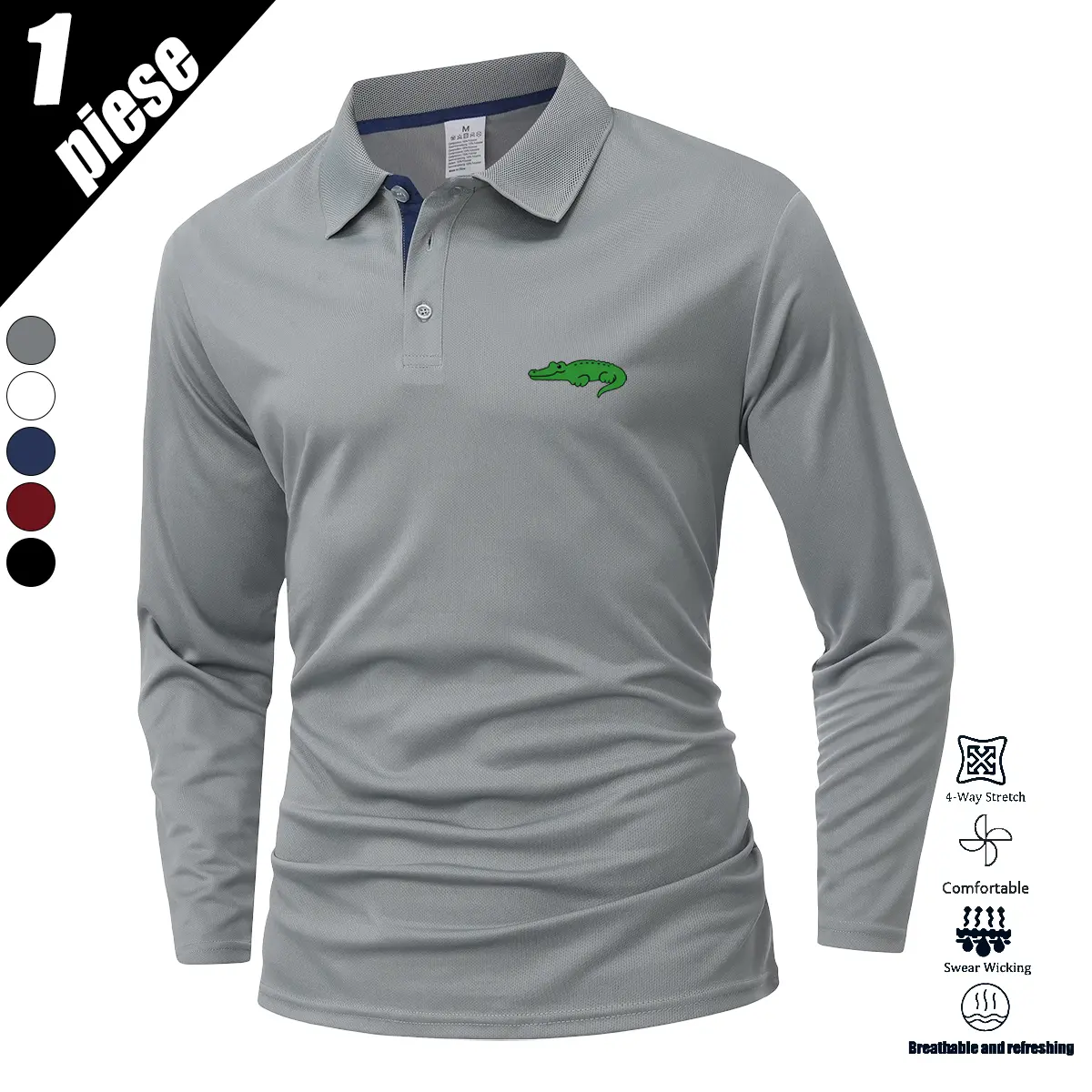 Men’s spring/summer/autumn sports casual polo shirt, solid color with a cartoon crocodile print, suitable for everyday wear, leisure activities, and work.