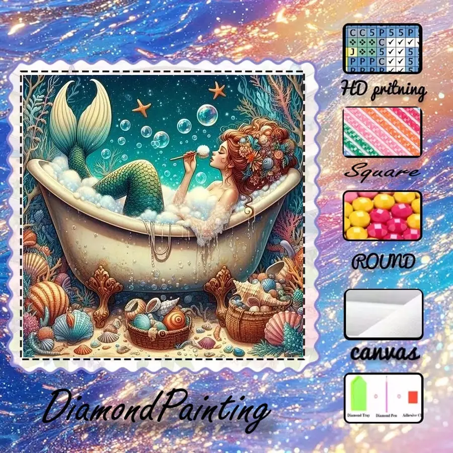 5D-DIY, premium velvet canvas, diamond art, diamond painting kit, mermaid, bathtub, shell, AB diamonds, fairy dust diamonds, crystal diamonds, perfect home decoration, handmade diamond art painting kit, special craft diamond art kit, Handcraft.