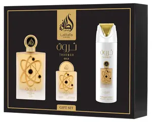 Tharwah Gold 3-Piece Gift Set – Eau de Parfum | 100ml (3.4 Fl Oz) + Deodorant Spray + Pocket Perfume for Men Tharwah Gold 3-Piece Gift Set – Eau de Parfum | 100ml (3.4 Fl Oz) + Deodorant Spray + Pocket Perfume for Men