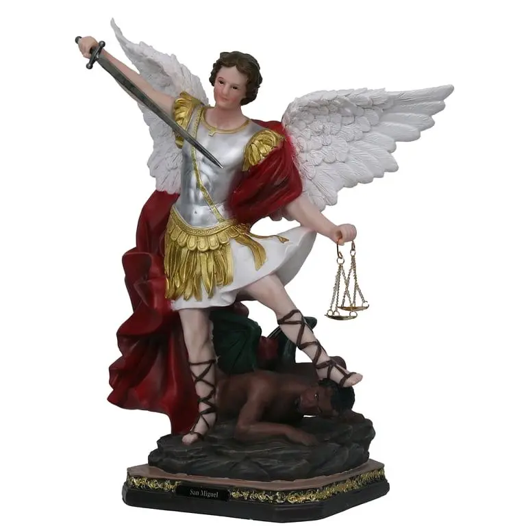 San Miguel Arcangel 9"-26" Inches Tall 25316 Alas Blancas Con Balanza y Espada Movible Saint Michael Archangel Estatua Brand New Warrior and protector Religious Decoration Religious art image, home decor, wall decor, church events, gifts