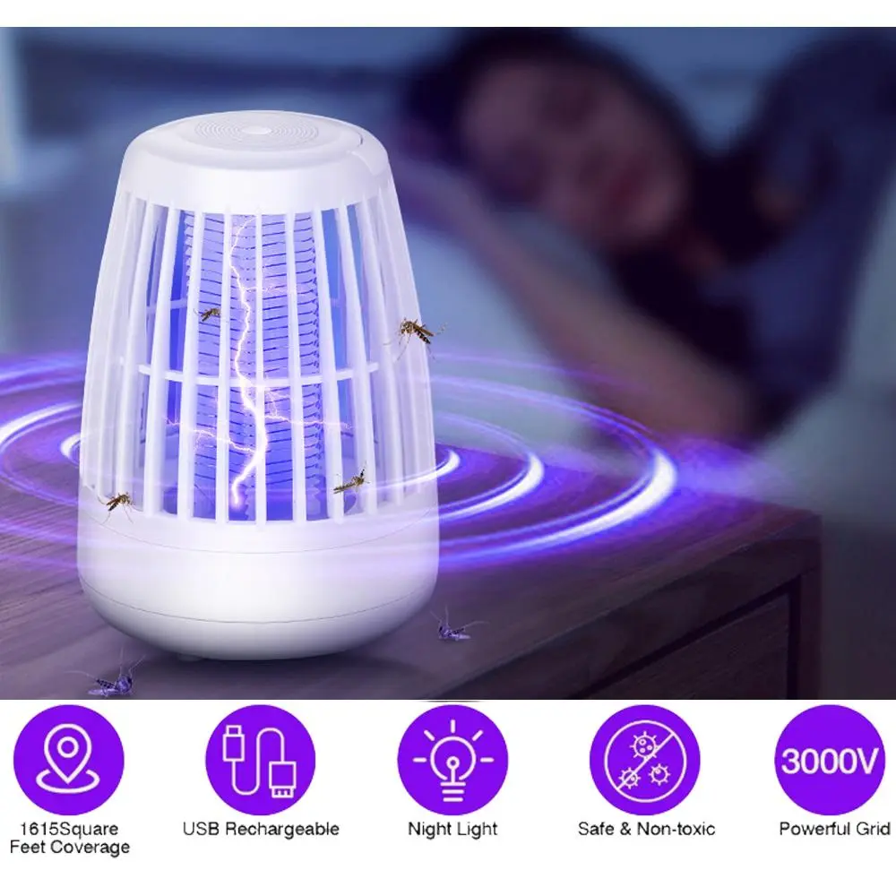 Bug Zapper Electric Mosquito Killer, 360–400nm UV Light Attract Flies Moths Gnats, High Voltage Electric Shock, Non-Toxic No Chemicals, Silent Operation for Home Bedroom Patio Camping