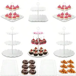 10 Pcs Cake Stand White Plastic Dessert Table Stand Set 4 Pcs 3 Tired Cupcake Display Stands Cookie Tray Rack Serving Tray Cake Display Tower And 6 Pcs Dessert Trays For Wedding Baby Shower Tea Party Ornaments Decor