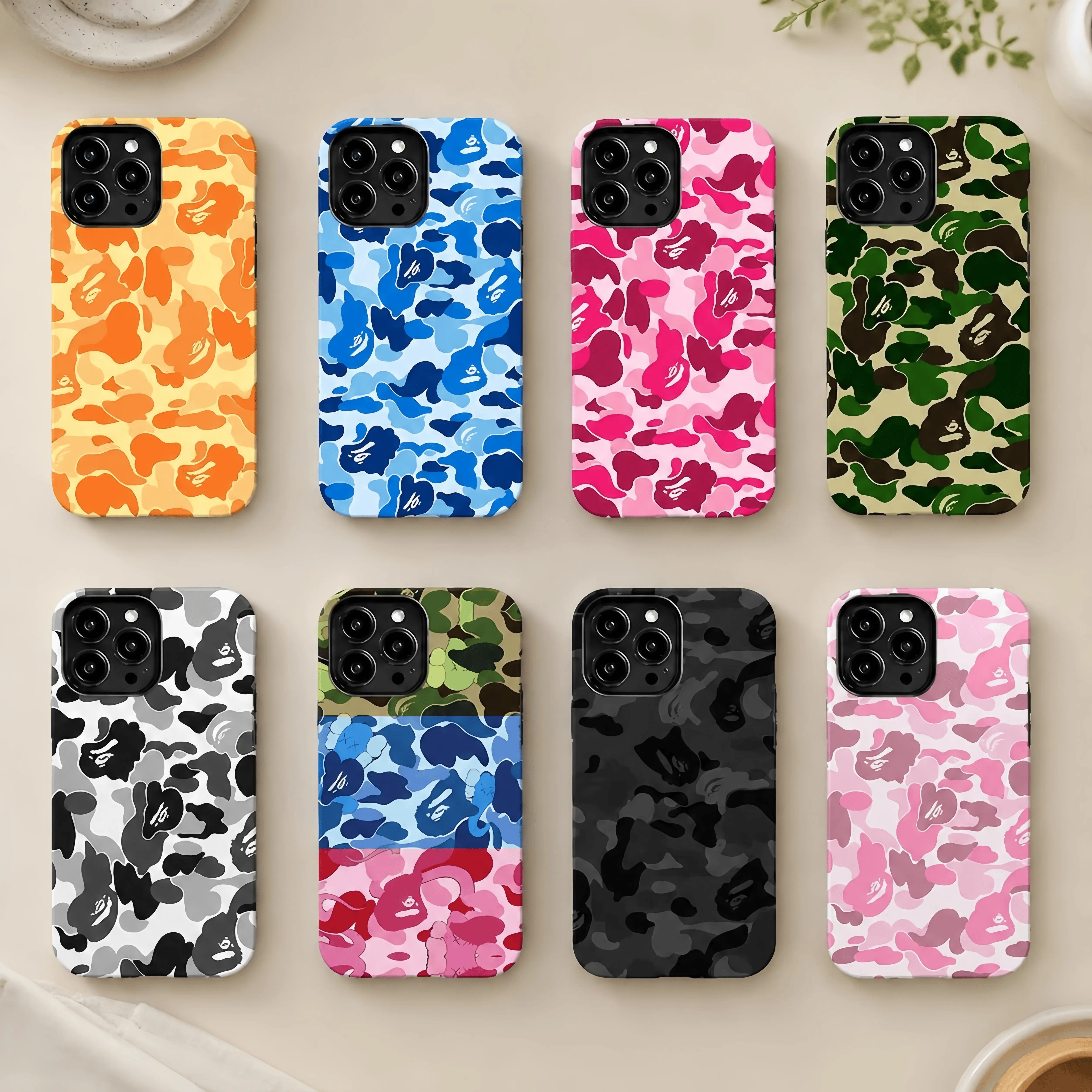 Bape Protective Camo Streetwear Phone Case Suitable for iPhone 17/16/15/14/13/12/11 Pro Max/Plus and Samsung Galaxy S26 S25 S24 Impact Resistant Hard Case with Impact Dispersion Technology & Flexible Rubber Liner Glossy Finish UV Protected 2-Piece Design